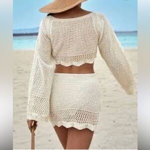 NEW Crocheted 2pc Mini Skirt & Crop Top Set | Off White | Small